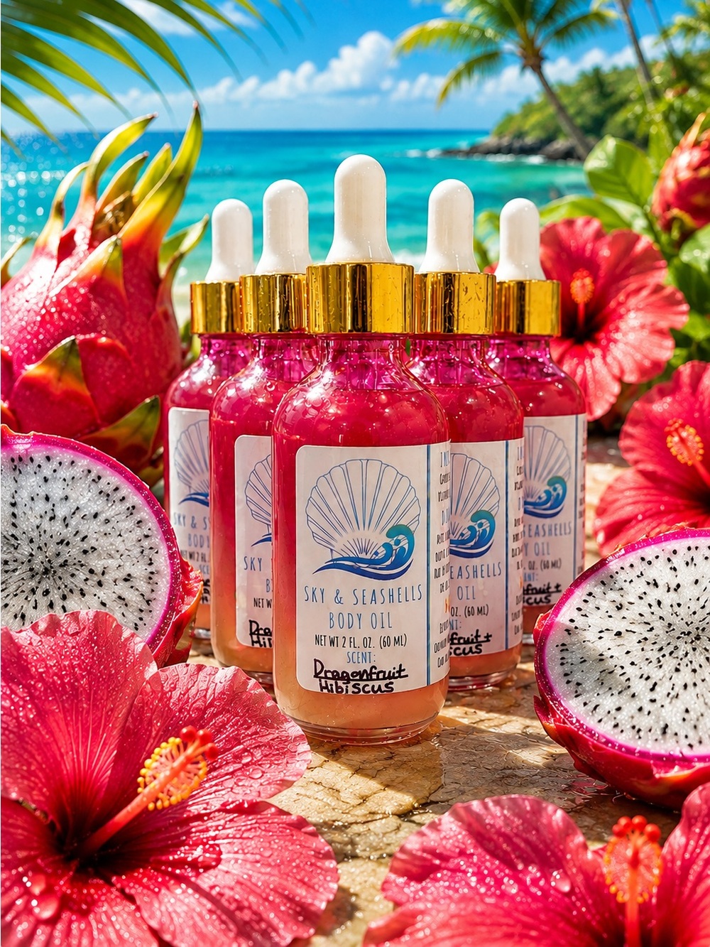 Hand Crafted “Dragonfruit Hibiscus” Scented Body Oil Sky & Seashells